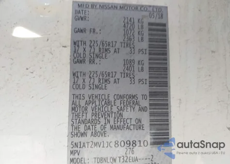 2018 Nissan Rogue Sv z USA, uszkodzony, nr VIN 5N1AT2MV1JC809810